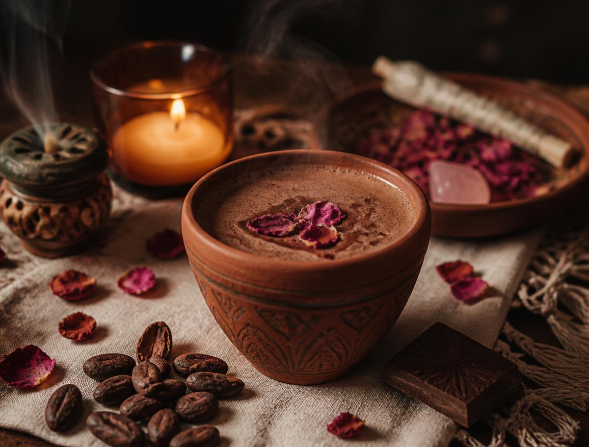 A cacao and breathwork ceremony setting with a warm cup of cacao
