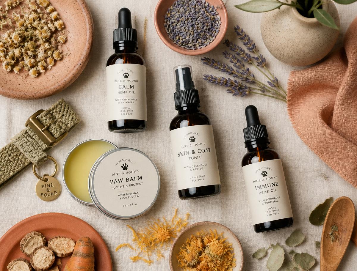 Apothecary flat lay of natural care balms, tonics and dried herbs