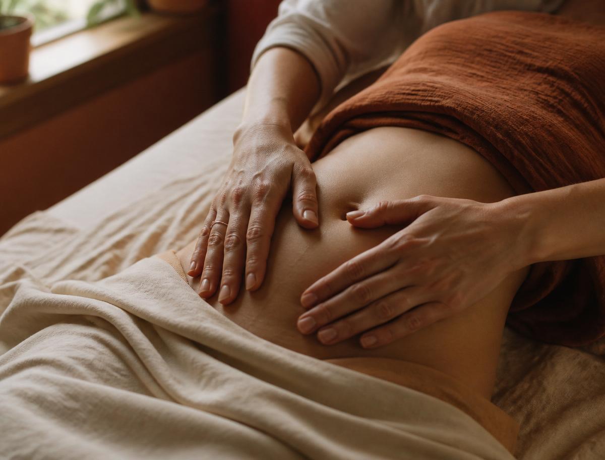 Hands resting gently on a woman's lower abdomen during a womb massage session